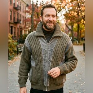 VINTAGE DiCarnietto Taupe Suede and Wool Cable Knit Sweater Jacket Size 52 ( L)
